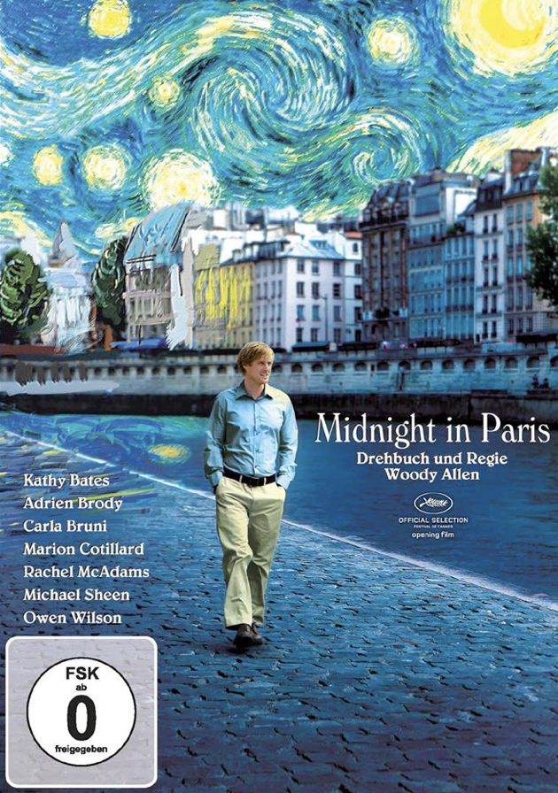 Filmplakat: Mann am Pariser Ufer vor van-Gogh-ähnlichem Sternenhimmel, Titel "Midnight in Paris".